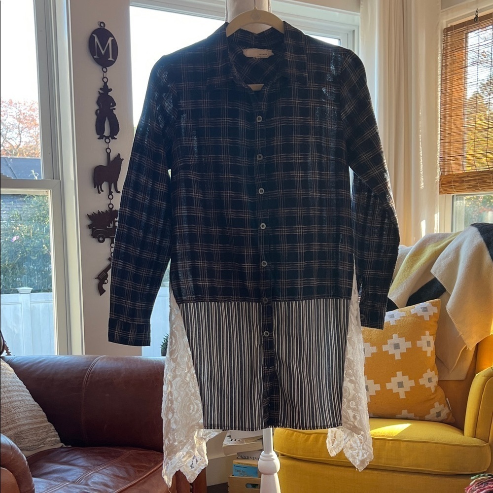 A'Reve Long Sleeve Navy Plaid with Lace - Picture 2 of 11